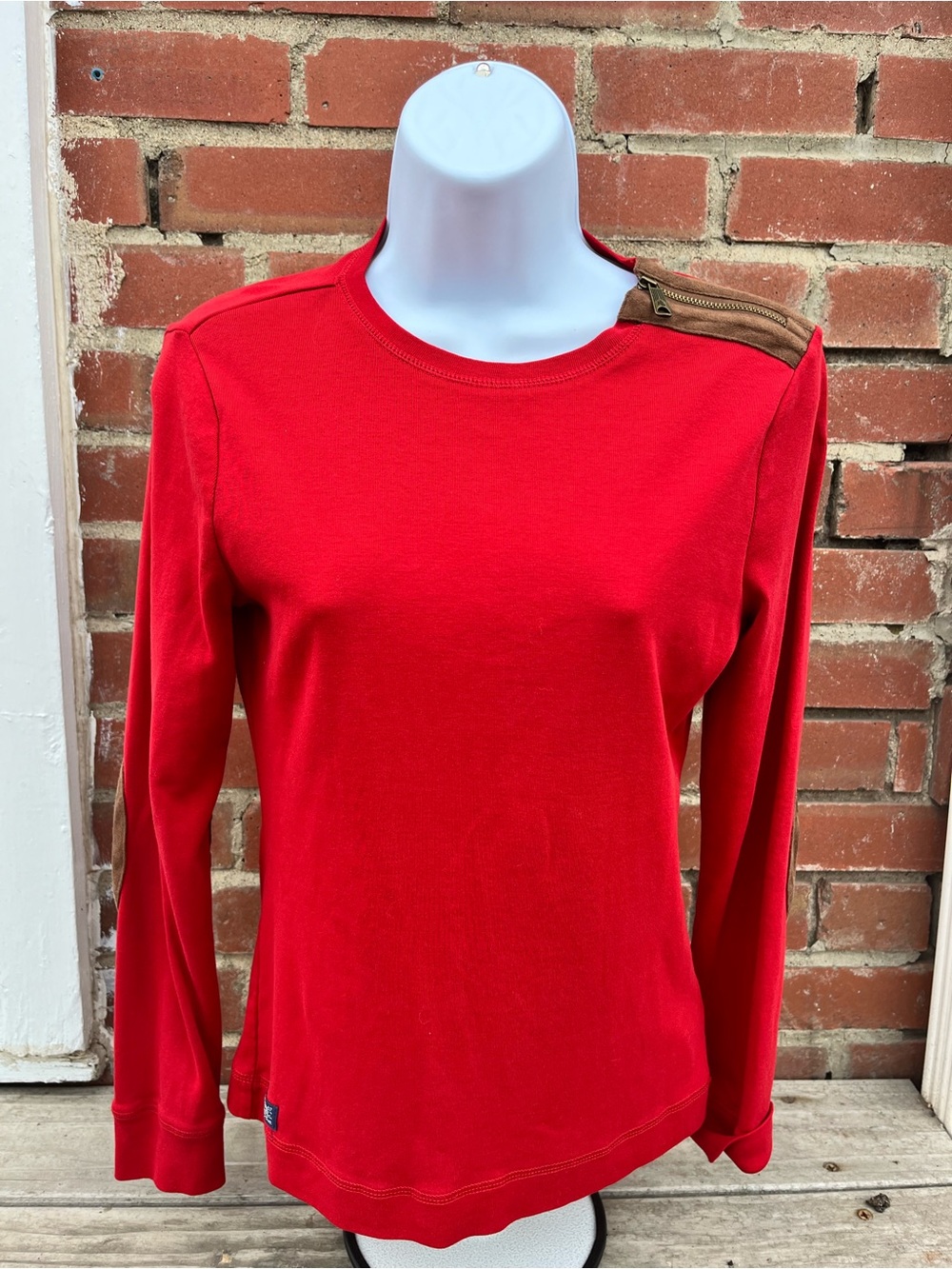 Ralph Lauren Red Long-Sleeve Crew Top with Brown Shoulder Zip Accent